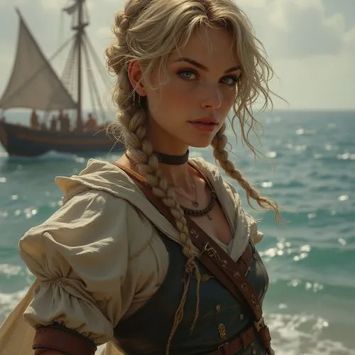 a tough female medieval d&d sailor,a beautiful woman on the beach near the water,cirta,ciri,pirate,freyja,azzurra,ellinor