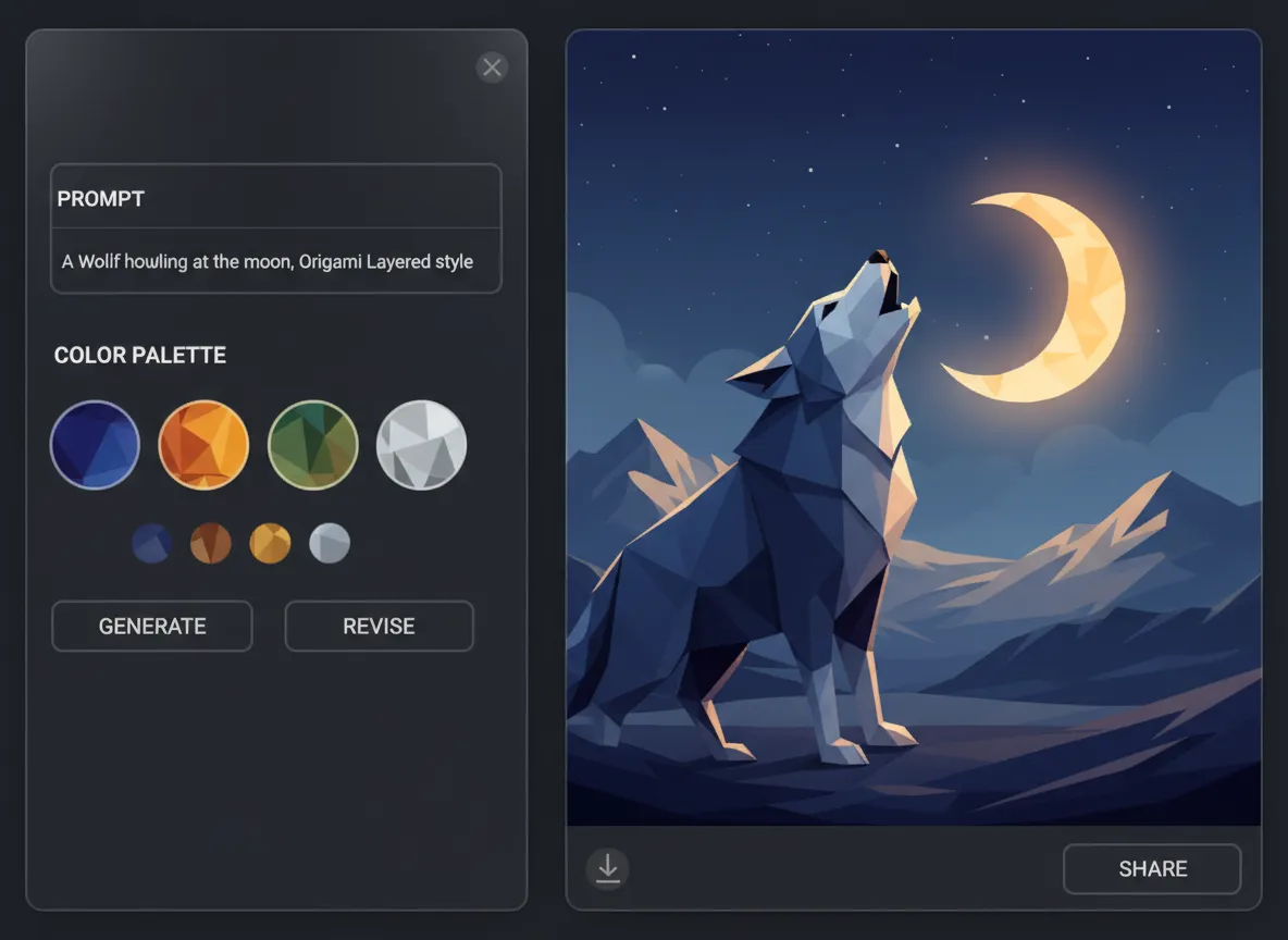 Ein Mockup der Benutzeroberfläche, das eine Texteingabe 'Ein Wolf, der den Mond anheult, Origami Layered Stil' und Farbauswahlpaletten zeigt, mit dem fertig generierten Bild.