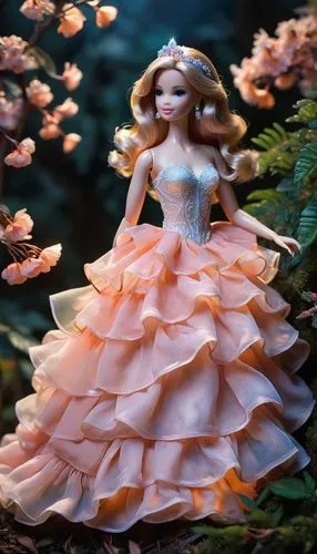 Barbie Doll princess, peach layeres gown, white glitter bodice, soft large frills, creamy chiffon, flowy, breezy, peach clouds, peaches n cream barbie doll, peach trees,Peaches,dress doll,doll dress,b