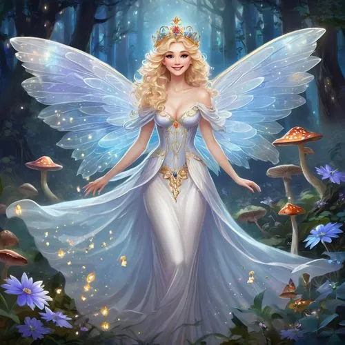 Queen Mab, fairy queen, wings spread wide, delicate features, mischievous smile, curly blonde hair adorned with flowers, sparkling blue eyes, intricate silver crown, translucent wings with iridescent 