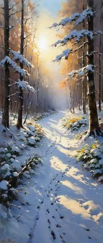 the sun shines up on a snowy path in the woods,a painting of a trail that is surrounded by snow,winter landscape,snow landscape,winter forest,winter light,snow scene,snowy landscape,gantner,forest lan