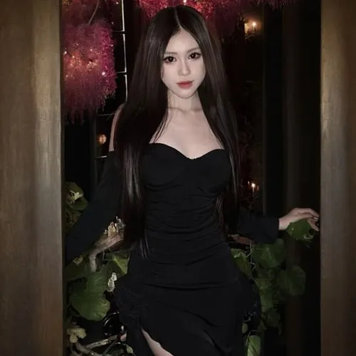 a young woman in a black dress is posing,gothic dress,morticia,elvira,black dress with a slit,yifei,xiaofei,black dress,cheongsam,qixi,yangmei,qipao,gothic woman,dress doll,in a black dress,yunjie,yuj