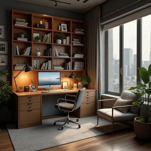 Stylish home office, serene and focused environment, large wooden desk with a sleek chair, high shelves filled with books, warm ambient lighting with a task lamp, industrial design elements, metal and