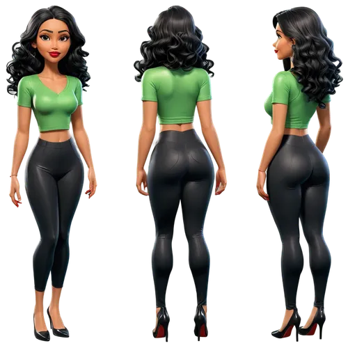 Create only high resolution images, pixar 3d, 4k, character sheet style, like a paper doll, A pose style. She must be wearing shiny black lycra leggings, a green cropped top t-shirt with a V-neck. On 