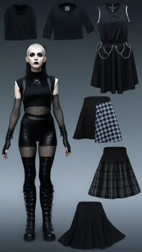 Goth Paper doll futuristic cyberpunk emp punk goth girl in black sleeveless shirt , black spandex shorts, complete full length fishnet and black goth knee Boots, standing surrounded by with a set of g
