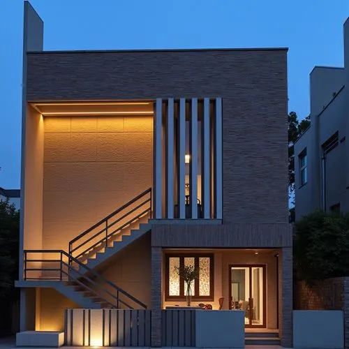 modern elevation with new faced materials,the exterior of an modern brick home lit up,mahdavi,modern house,residential house,modern architecture,contemporary,two story house,residential,cubic house,ar