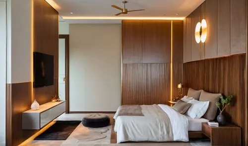 interior room render, tv unit and bed back is in louvers, use light colors, add realistic  materials according to the reference, add lighting
,a bedroom scene complete with a bed, large window and a t