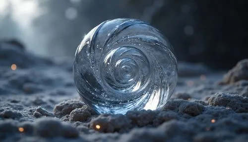 a hyperboloid ,an ice swirl sitting on top of some sand,frost bubble,ice bubble,frozen bubble,frozen soap bubble,ice crystal,ice ball,frozen ice,crystallization,ice landscape,water glace,crystalline,i