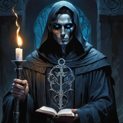 Dark fantasy, DnD Necromancer, male, 30yo, pale skin, sunken eyes, dark circles under eyes, black hair, messy, worn-out black robes, tattered edges, silver embroidery, bony fingers, grasping a staff, 