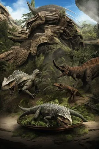 1. KompositionDramatische Konfrontation: Zwei große Dinosaurier stehen sich frontal gegenüber und dominieren das Bild.
Die Triceratops (links) und der Tyrannosaurus rex (rechts) bilden eine klassische