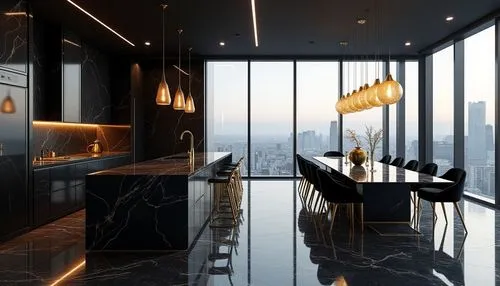 A minimalist, luxurious kitchen and dining area with sleek black cabinetry and onyx countertops, seamlessly blending with golden accents. The kitchen features top-tier appliances integrated into the b