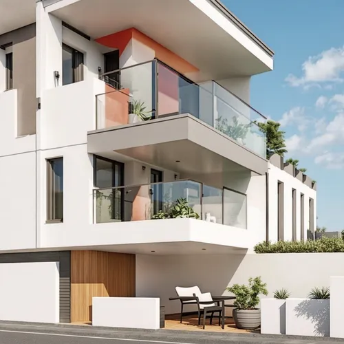 Vivienda unifamiliar en dos niveles a media altura , arquitectura minimalista en colores claros,a tall modern house on the street with palm trees,modern house,block balcony,residential house,modern ar