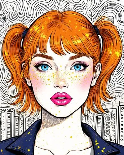 Rostro de una mujer de 20 años, cabello naranjado, labios rosados gruesos brillantes, ojos celestes con amarillo, dos colas en el cabello, detrás está la ciudad,a woman with red hair and blue eyes is 