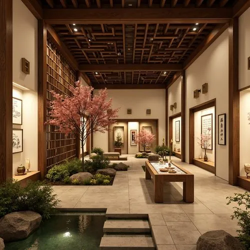 \Traditional Asian-inspired museum interior, warm beige walls, rich wood accents, intricately carved wooden panels, ornate bronze fixtures, subtle golden lighting, soft silk textiles, natural stone fl