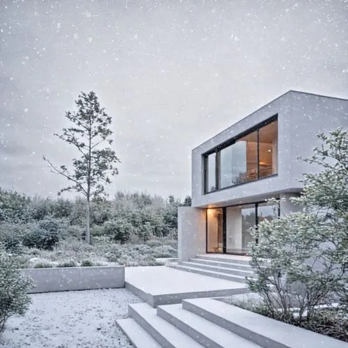 On a snowy day with light snow, a little light is shining from the room. ,a snowy day in a small garden with some trees and some steps,snow roof,winter house,snow house,dunes house,snow landscape,snoh