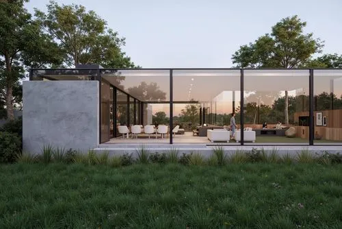 A photo-realistic rendering of a modern house with a minimalist design, featuring a large glass wall and a concrete structure on the left side. the house is situated on a grassy area, with a well-mani