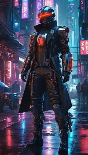 Cyberpunk themed, Neuromancer, male, futuristic clothing, neon lights, metallic armor, cybernetic enhancements, glowing blue circuits, holographic displays, cityscape at night, skyscrapers, bustling s