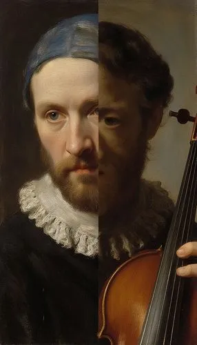 I need your creativity now. Render a 9:16 picture that mixes 2 random art styles and 2 different ways of crafting art. The subject is music. instruments, composers, bands, artists, composer. OK? Bitte