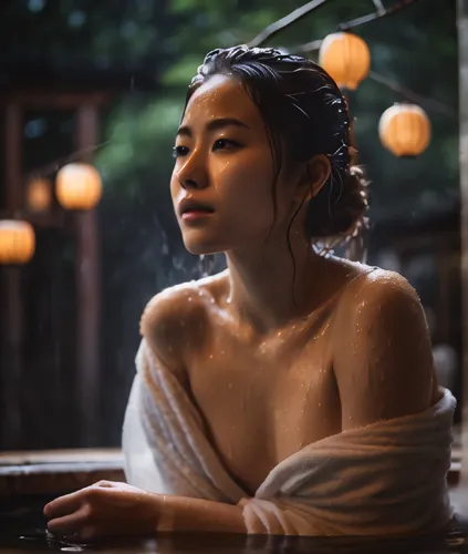 A girl taking bath at onsen, wet body and hair, wearing wet transparent towel, shy, looking away, sideview,  steam coming out from water, open onsen, dark night, foggy, few lantern on the background, 
