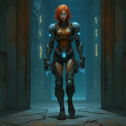 Voici la suite de l’aventure :


---

Prompt for illustration:

Kai is a male humanoid cyberpunk character with a mechanical body, partially rusted, and exposed joints. His medium-length red hair is s
