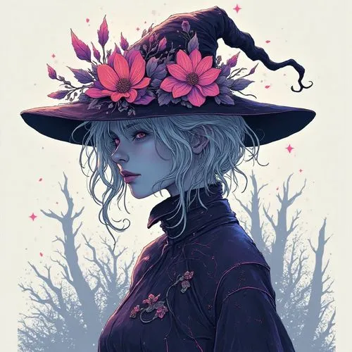 Cyberpunk Witch Meets Resident Evil Fusion  
Create a digital artwork with a style that emphasizes flat colors and bold outlines. Begin with a rough black-and-white ink sketch, utilizing thick, expres