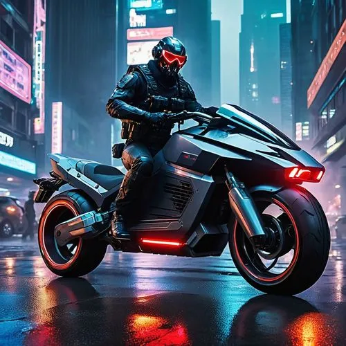 In the heart of Night City, neon lights flicker against the rain-soaked streets. A mercenary leans against his modified hoverbike, exhaling smoke into the humid air. His cybernetic arm whirs softly as