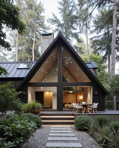 Modern rustic, Black metal and wood cladding, Expansive glass front, Minimal stone landscaping, Subtle interior warmth, Neutral earthy tones, Intimate connection to nature, by Peter Zumthor

,an attra