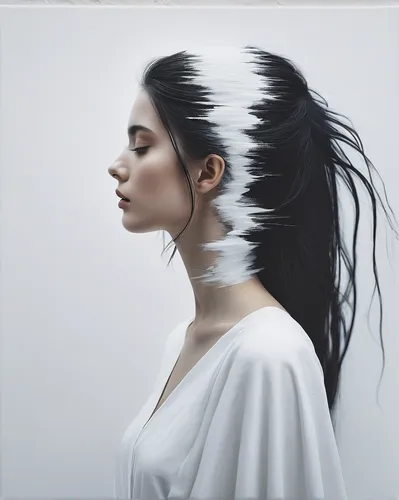 A canvas where whispers of black trace through the dominion of white, crafting a silent symphony of space and serenity
,kahila garland-lily,mystical portrait of a girl,junshan yinzhen,white feather,wo