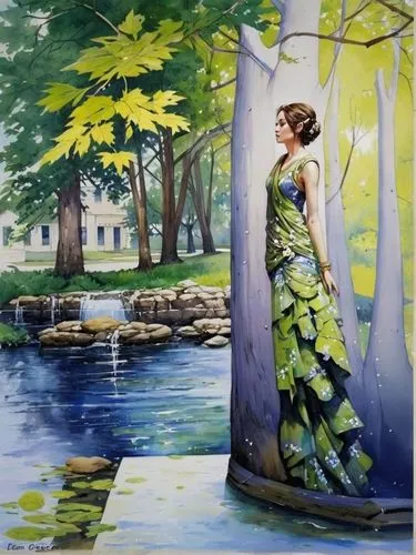 Дриада,a painting of a woman in a green dress and water,girl in a long dress,girl on the river,watercolor painting,oil painting on canvas,girl with tree,watercolor women accessory
