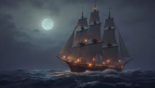 ship,a large sailing ship in the ocean at night,sea sailing ship,ghost ship,sailing ship,sail ship,galleon ship,sailing vessel,sailing ships,pirate ship,galleon,sea fantasy,fantasy picture,sailing,sai