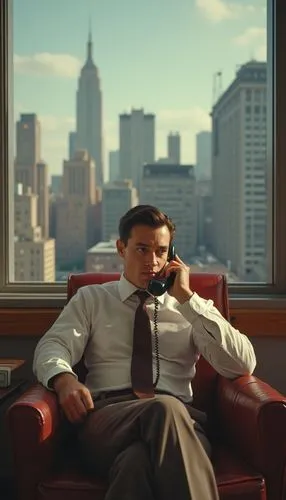 one white man, dark brown hair, with blue eyes, sits in a 1950s corporate office, surrounded by classic mid-century modern furniture and a view of New York’s skyline. He’s on the phone, cracking sarca