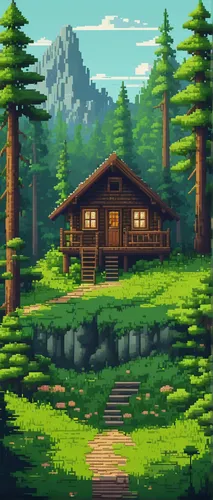 Create a pixel art of a serene forest with a small cabin in 32x32 resolution.,log cabin,the cabin in the mountains,small cabin,summer cottage,log home,house in the forest,cottage,wooden hut,home lands