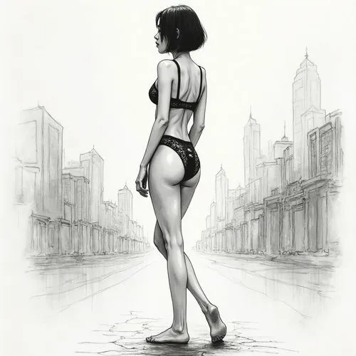 a black and white po of a woman in underwear,girl walking away,woman walking,wonder woman city,girl from behind,woman's backside,pedestrian,proportions,girl from the back,sci fiction illustration,fema
