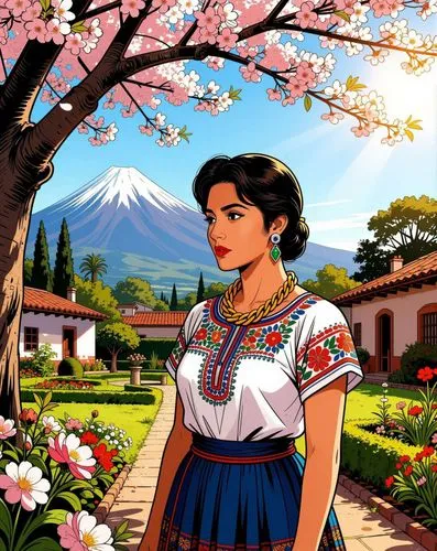Detailed and semi-realistic manhwa style.
A 32-year-old Mexican She is dressed in traditional Mexican clothing. She walks through a Mexican garden beneath a cherry blossom tree. She gazes at the flo