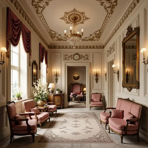 Opulent Rococo interior, soft pastel hues, delicate gold accents, ornate furnishings, intricate carvings, luxurious velvet fabrics, subtle sheen, warm candlelight, elegant mirrors, refined architectur