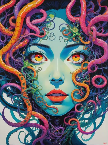 art by Studio Ghibli, psychodelic woman's face with tentacles and cybernetic parts coming from mouth, minimalism, fluorescence, vibrant colors ,medusa,medusa gorgon,gorgon,psychedelic art,polyp,bjork,