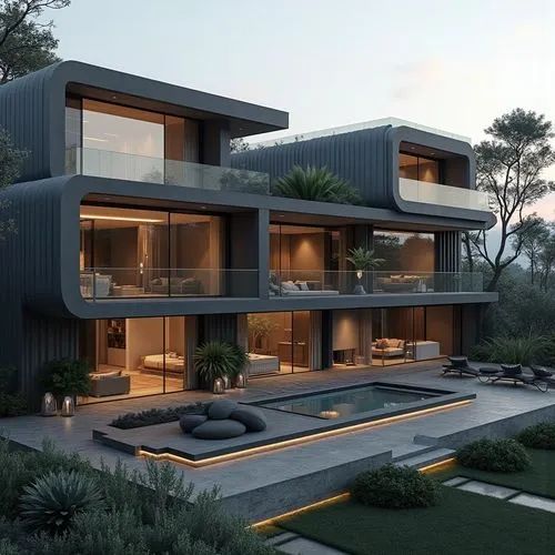 A hyper-realistic, high-resolution architectural photograph of a multi-level, contemporary luxury residence featuring a sleek, geometric design. The exterior is composed of smooth, matte charcoal-gray