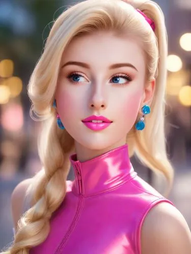 Blonde, beautiful smiling lady dressed like a Cosplay roller-skating Barbie with blue eyes, wearing a bright pink and colourful skating outfit with cerise lipstick and a long blonde ponytail, outdoor 