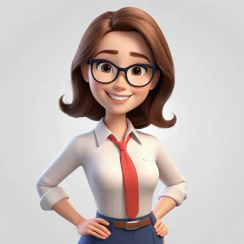 Pixar 3d Style realist. Create a woman representing a beautiful teacher. She is confident. She has long hair, she is smiling. White background. ,bussiness woman,bookkeeper,cute cartoon character,libra
