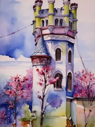 an oil painting of a colorful building,watercolor,watercolor painting,fairy tale castle,watercolor background,watercolor cafe,church painting