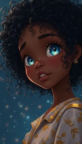 A captivating digital illustration: A young black girl with a stunning gaze, her face adorned with pajamas and a mystical blue and gold radiance. The piece, close-up, captures her connection with the 