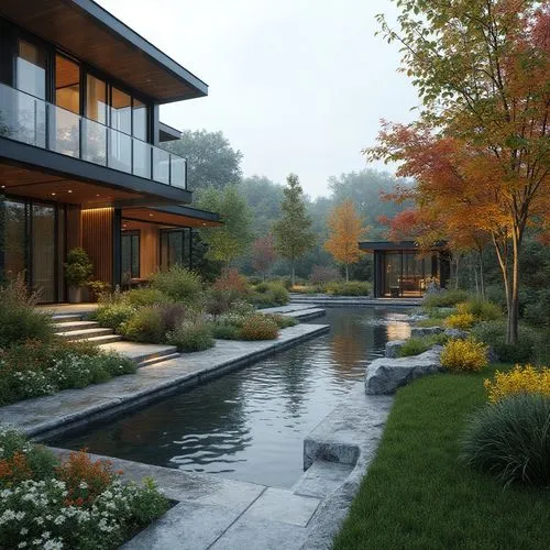 Rolling hills, serene lakeside, lush greenery, vibrant wildflowers, meandering walkways, rustic wooden benches, natural stone retaining walls, harmonious landscape integration, modern architecture ble