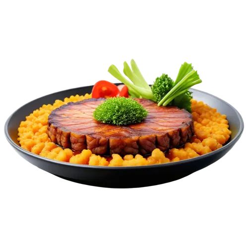 Delicious dish, Japanese cuisine, restaurant setting, steaming hot plate, savory aroma, mouthwatering presentation, succulent meat, crispy skin, golden-brown crust, fresh vegetables, vibrant colors, s
