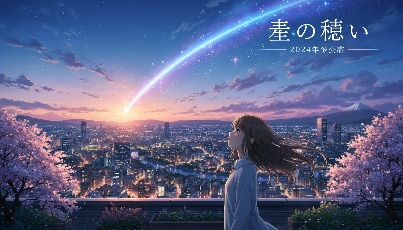 Un poster generato dall'IA in stile Makoto Shinkai, che mostra una ragazza che guarda una cometa mozzafiato in un cielo crepuscolare sopra una città dettagliata.