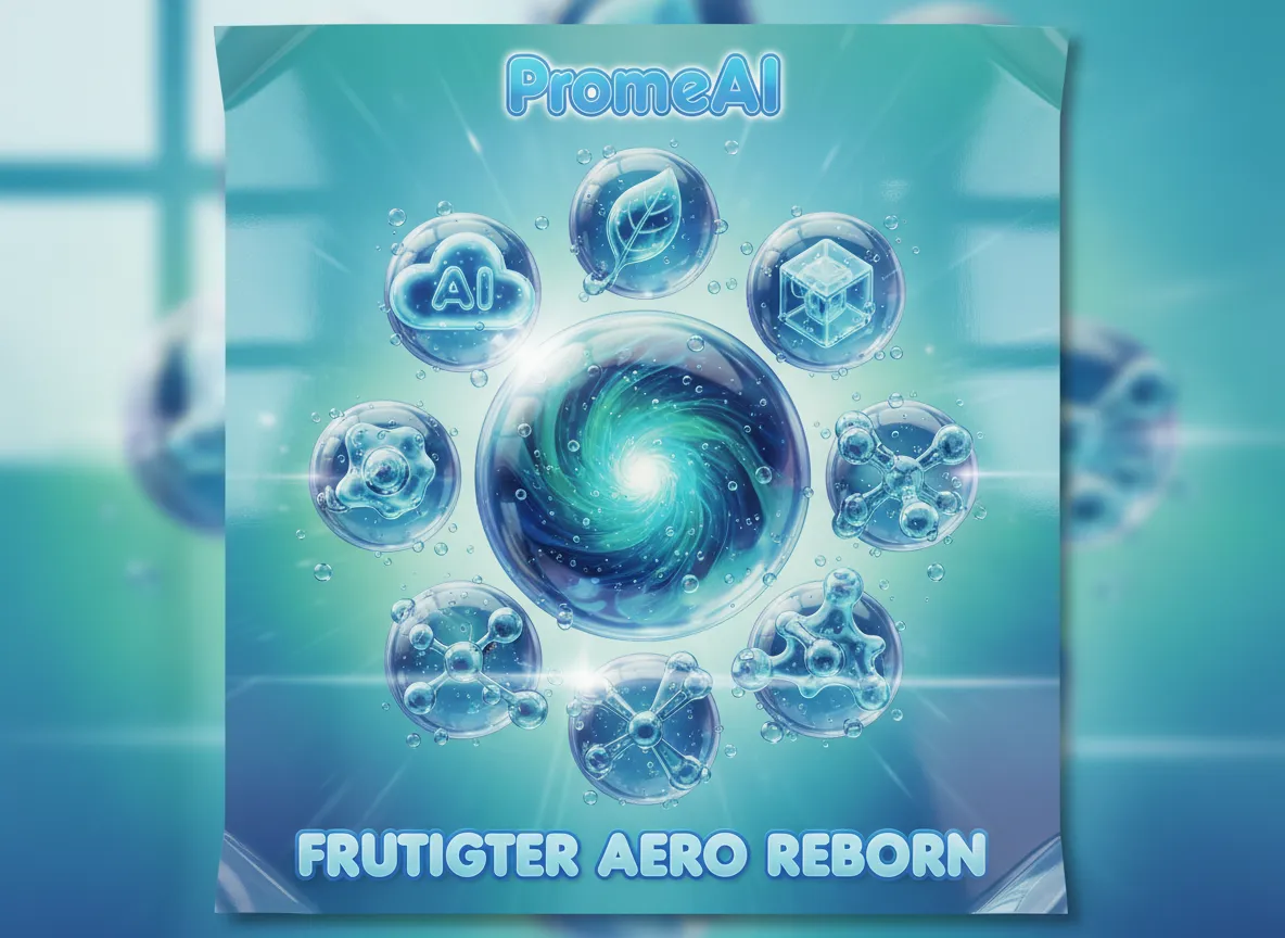 Primo piano di un poster generato da PromeAI che mostra icone 3D lucide e dettagliate con riflessi di luce realistici, incarnando l'estetica Frutiger Aero.