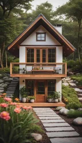 Miniature tiny house, modern minimalist architecture, wooden frame, white walls, large windows, sloping roof, solar panels, greenery surroundings, flowers blooming, lush grass, stone pathway, rustic o