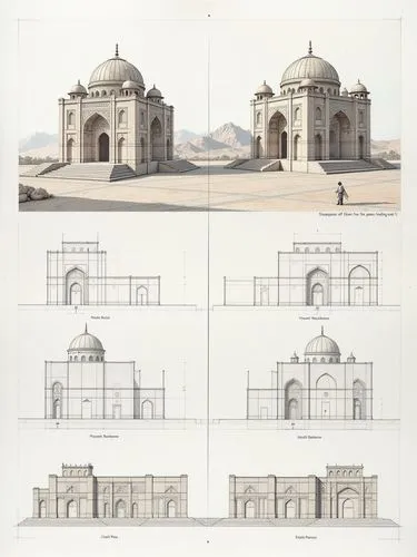 A diagram showing the process of building with each step represented by different architectural sketches and digital construction models of building structures and dimensions. The left side features t
