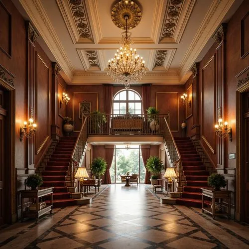 Luxurious mansion, grand foyer, high ceilings, ornate chandeliers, intricate moldings, marble floors, polished hardwood, herringbone parquet, rich walnut paneling, velvet upholstery, gilded accents, c