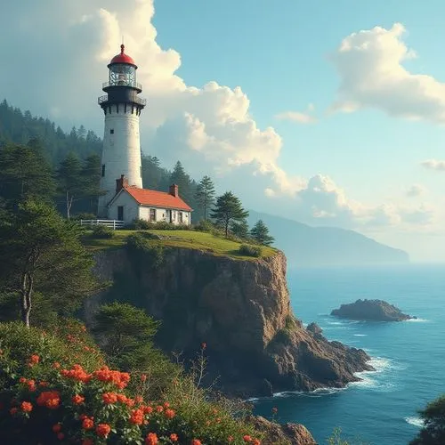 a lighthouse on a cliff overlooking the sea with trees and flowers around it,a lighthouse by the sea ,lighthouse,lighthouses,red lighthouse,electric lighthouse,light house,coastline,world digital pain