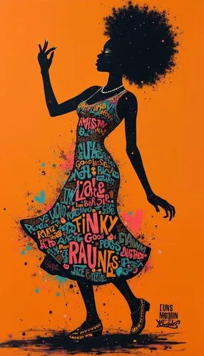 A striking and dynamic piece of street art featuring a silhouette of a captivating afro funky woman in the act of dancing. The woman is meticulously adorned with wildstyle old-school graffiti replicat